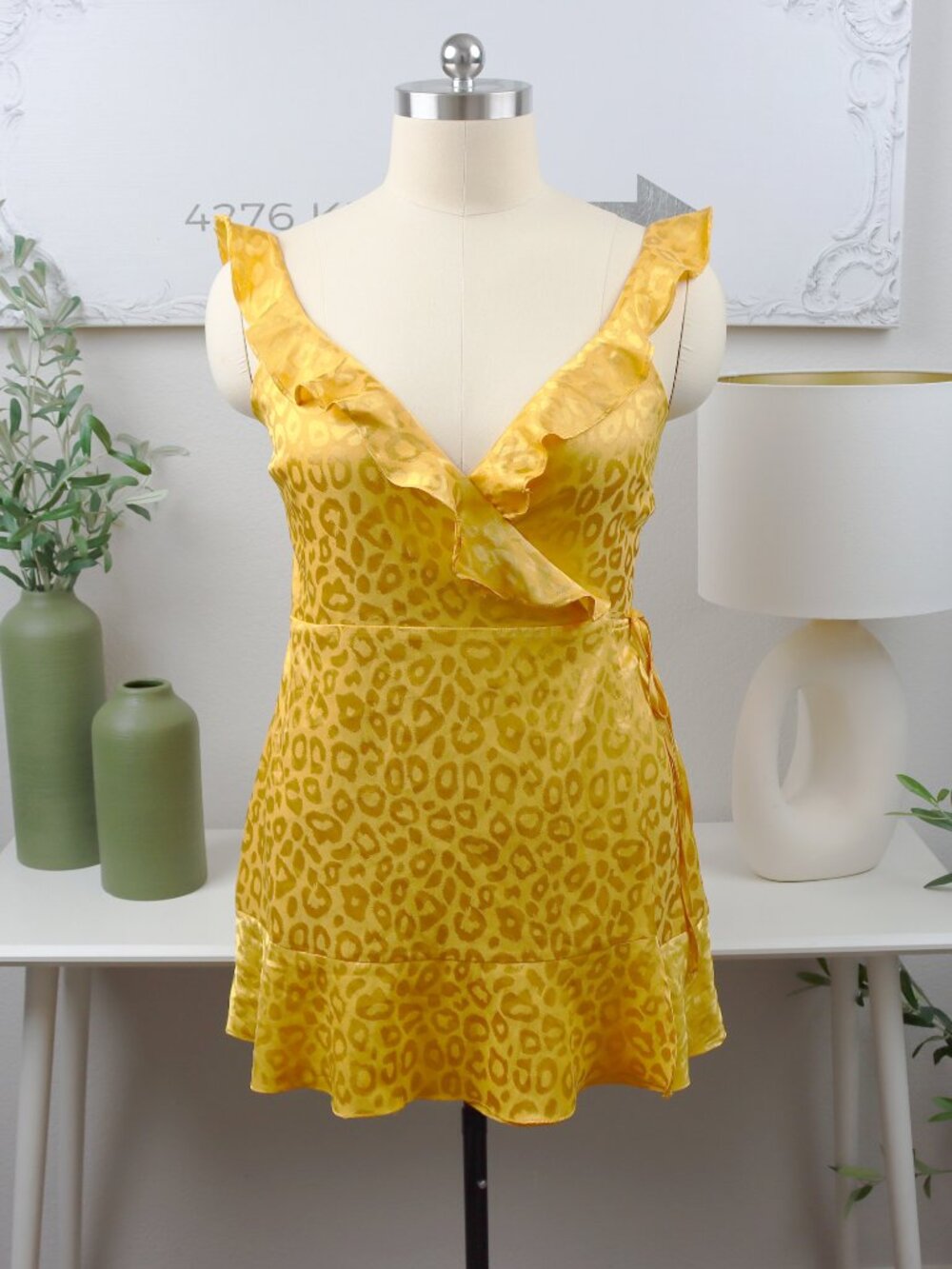 Feeling Ferocious Yellow Satin Jacquard Leopard Print Wrap Dress